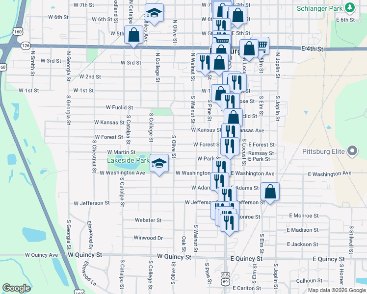 map of restaurants, bars, coffee shops, grocery stores, and more near 211 West Forest Street in Pittsburg