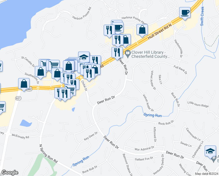 map of restaurants, bars, coffee shops, grocery stores, and more near 6910 Deer Run Lane in Midlothian