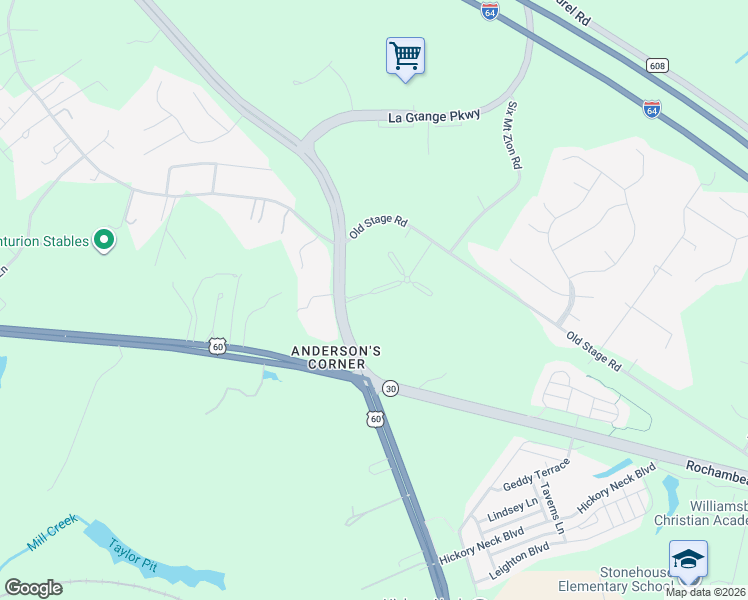 map of restaurants, bars, coffee shops, grocery stores, and more near 3100 Weathers Boulevard in Toano