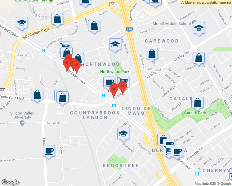 map of restaurants, bars, coffee shops, grocery stores, and more near 2669b Cropley Avenue in San Jose