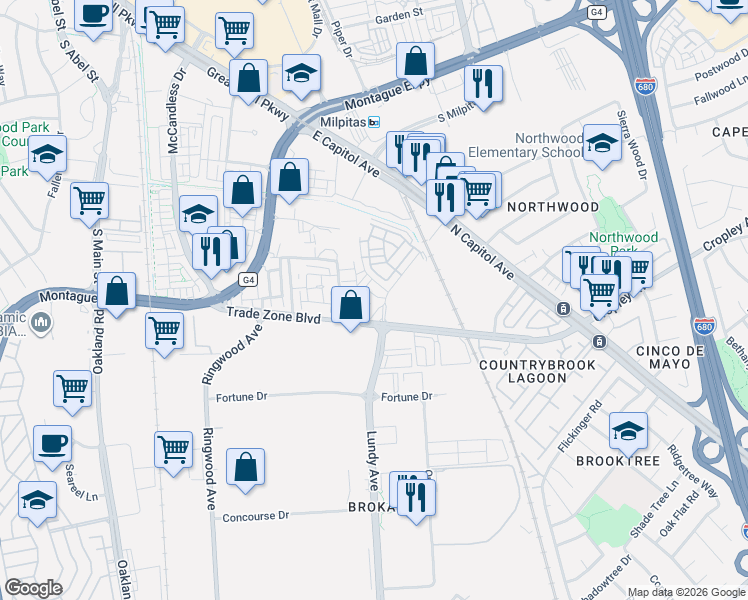 map of restaurants, bars, coffee shops, grocery stores, and more near 675 Trade Zone Blvd in Milpitas