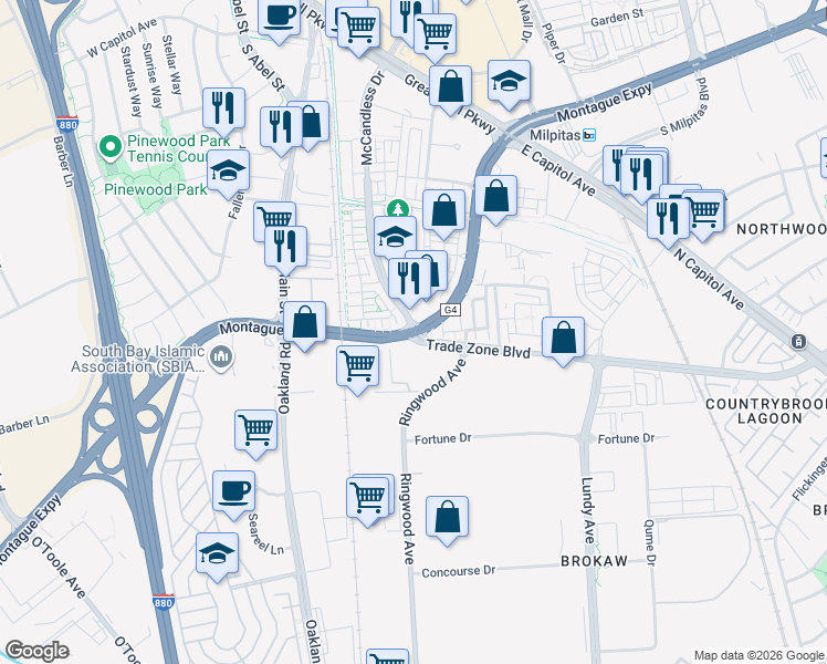 map of restaurants, bars, coffee shops, grocery stores, and more near 779 Trade Zone Boulevard in Milpitas