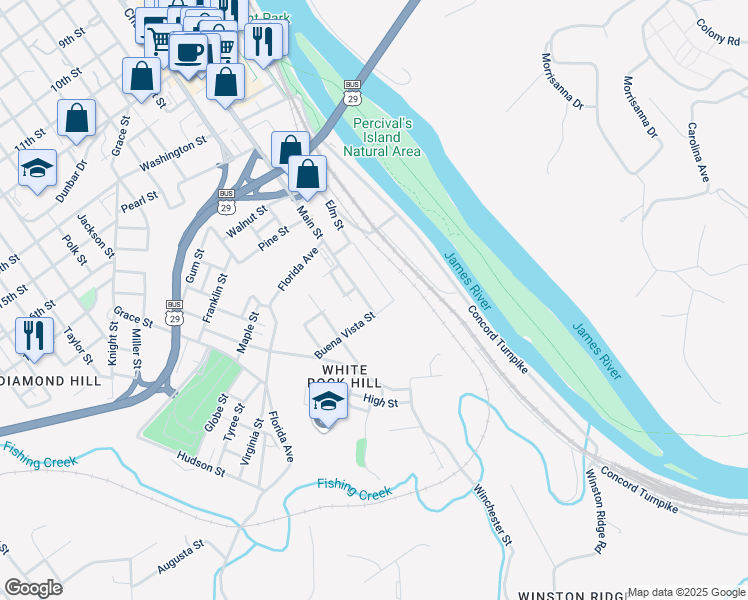 map of restaurants, bars, coffee shops, grocery stores, and more near 2134 Main St in Lynchburg