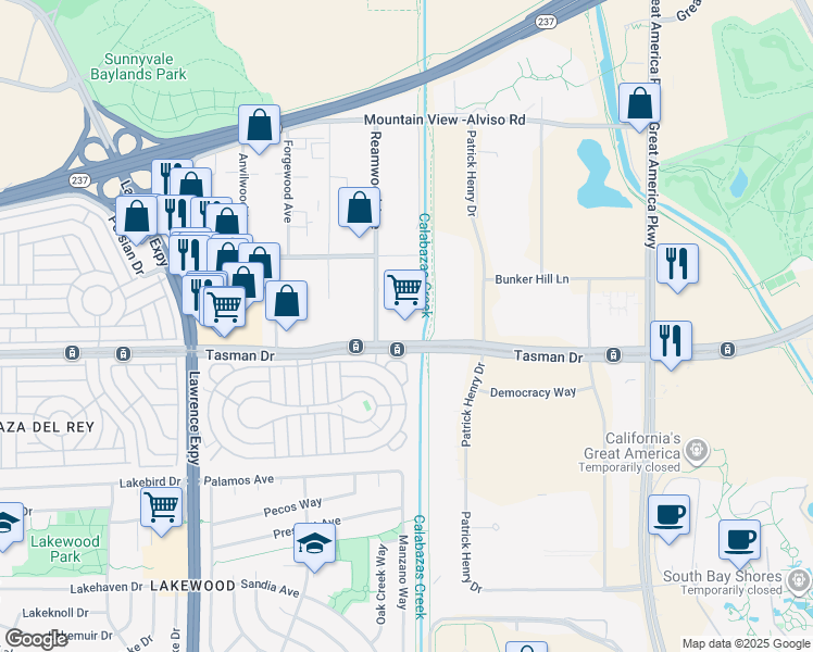 map of restaurants, bars, coffee shops, grocery stores, and more near 1228 Reamwood Avenue in Sunnyvale
