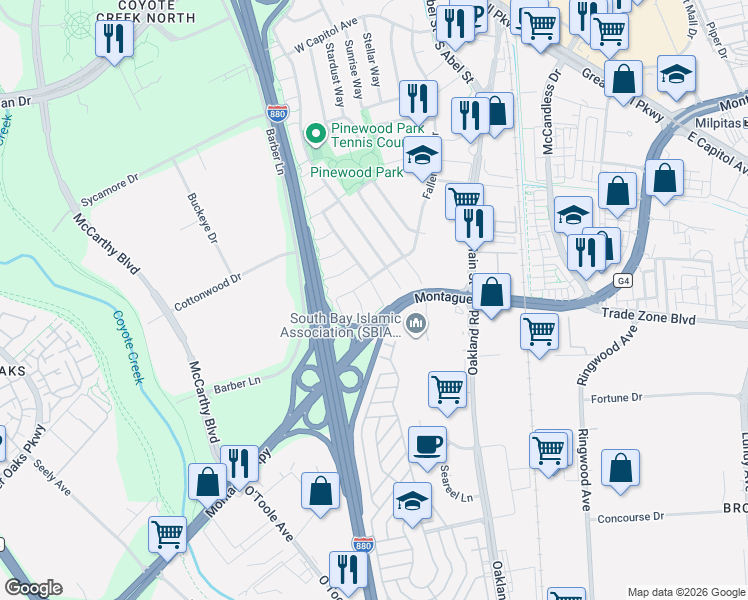map of restaurants, bars, coffee shops, grocery stores, and more near 1825 Blue Spruce Court in Milpitas