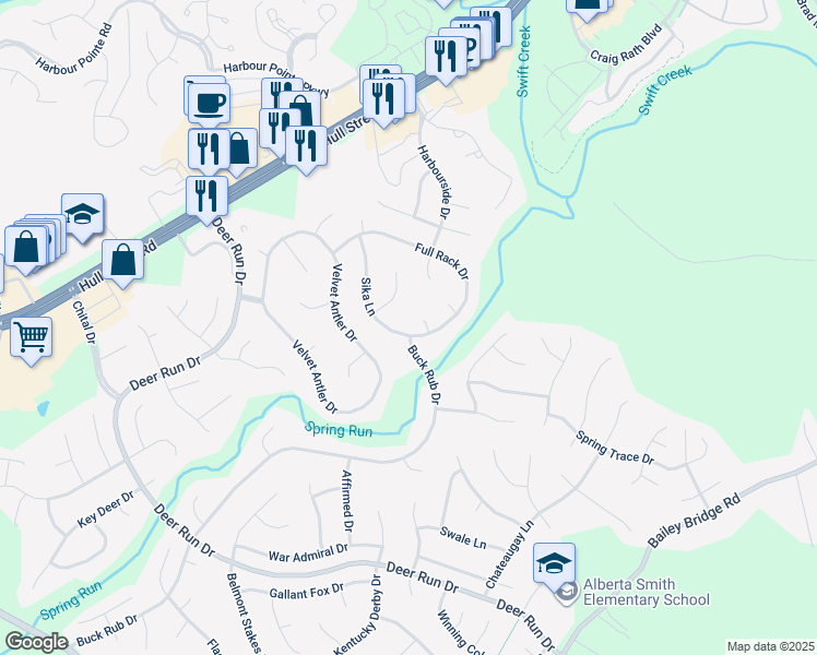 map of restaurants, bars, coffee shops, grocery stores, and more near 6925 Sika Lane in Midlothian