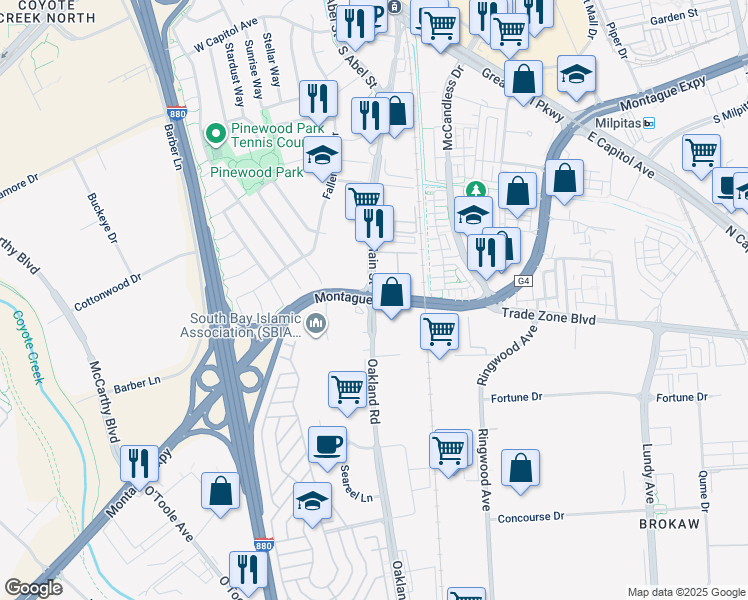 map of restaurants, bars, coffee shops, grocery stores, and more near 3418 Oakland Road in San Jose