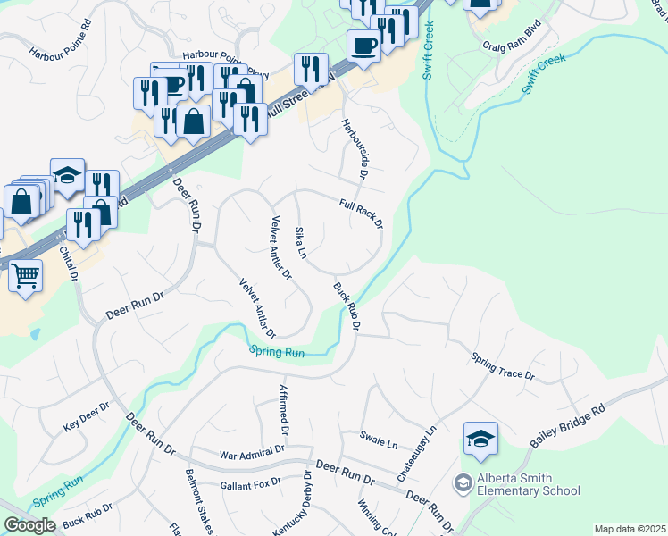 map of restaurants, bars, coffee shops, grocery stores, and more near 6925 Sika Lane in Midlothian
