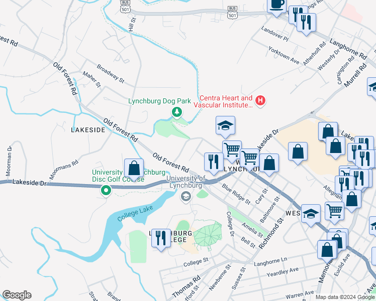 map of restaurants, bars, coffee shops, grocery stores, and more near 528 Monticello Avenue in Lynchburg