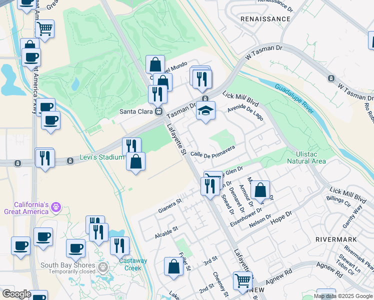 map of restaurants, bars, coffee shops, grocery stores, and more near 2233 Calle De Primavera in Santa Clara