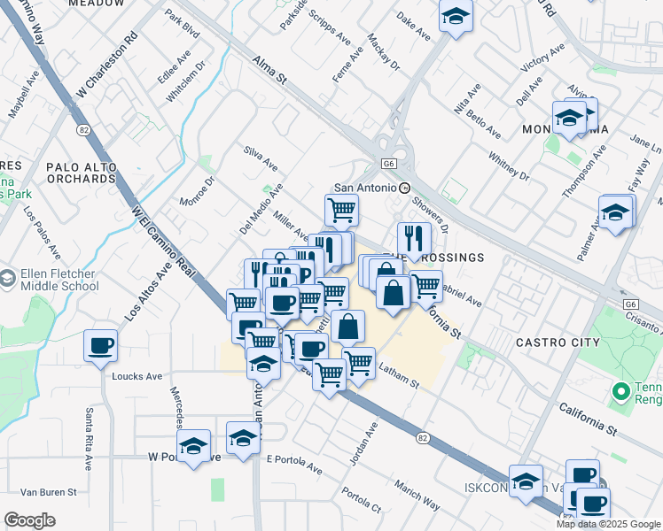 map of restaurants, bars, coffee shops, grocery stores, and more near 377 San Antonio Road in Mountain View
