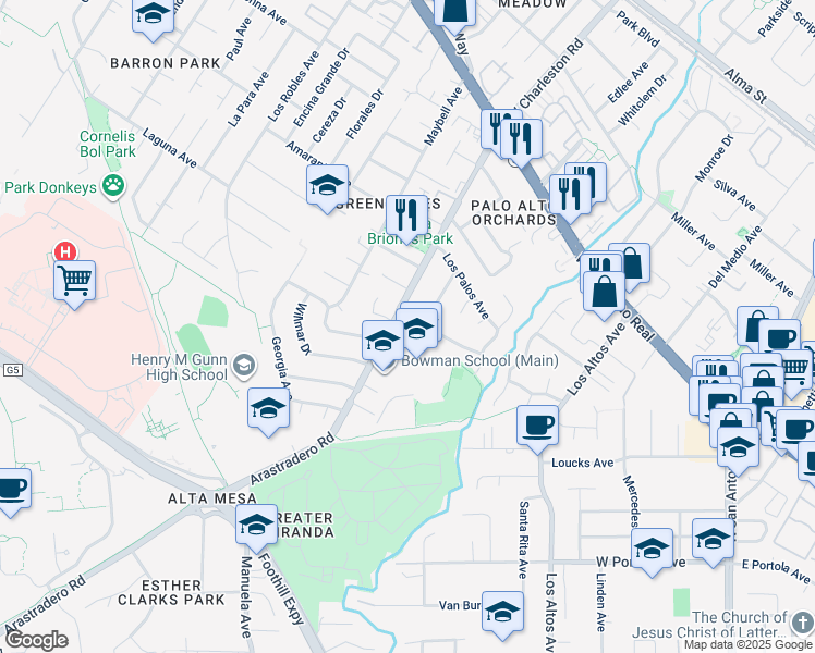 map of restaurants, bars, coffee shops, grocery stores, and more near 4206 Pomona Avenue in Palo Alto