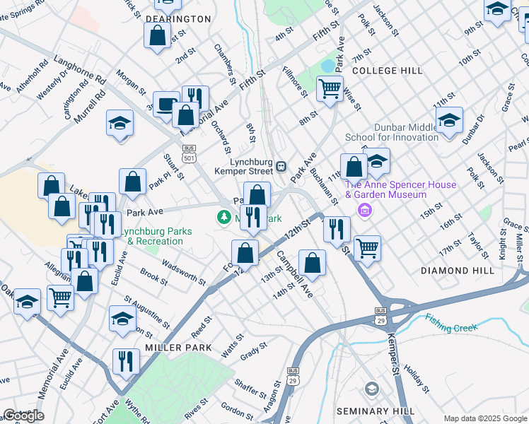 map of restaurants, bars, coffee shops, grocery stores, and more near 1993 Fort Avenue in Lynchburg