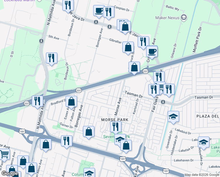 map of restaurants, bars, coffee shops, grocery stores, and more near 1111 Morse Avenue in Sunnyvale