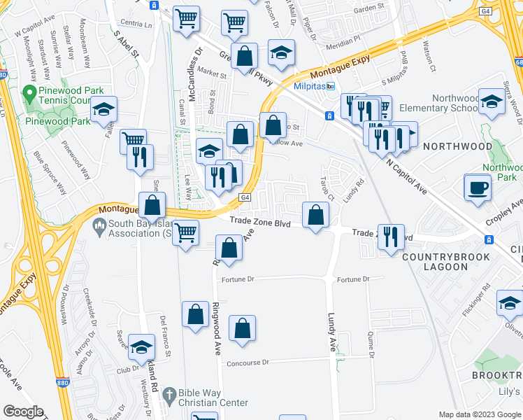 map of restaurants, bars, coffee shops, grocery stores, and more near 528 Odyssey Lane in Milpitas