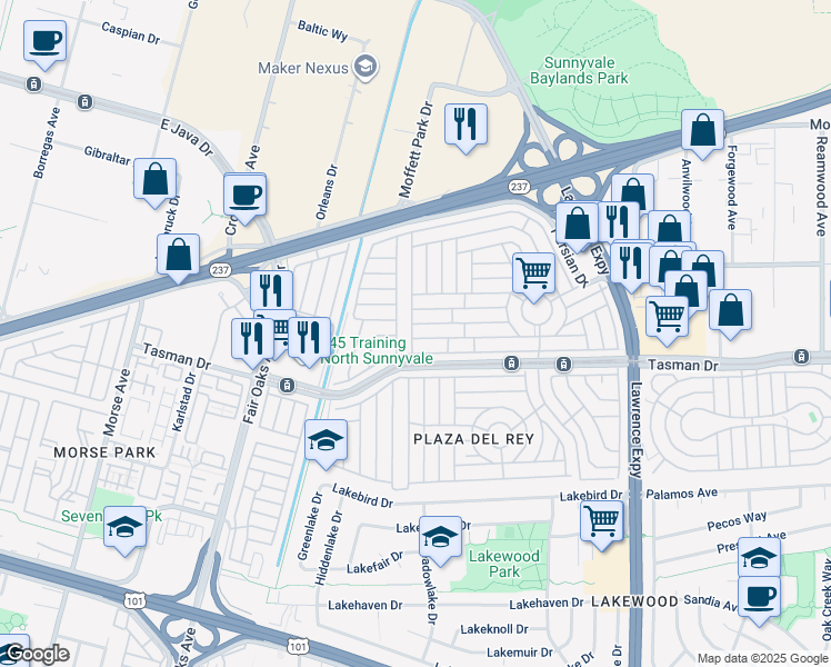 map of restaurants, bars, coffee shops, grocery stores, and more near 1085 Tasman Drive in Sunnyvale