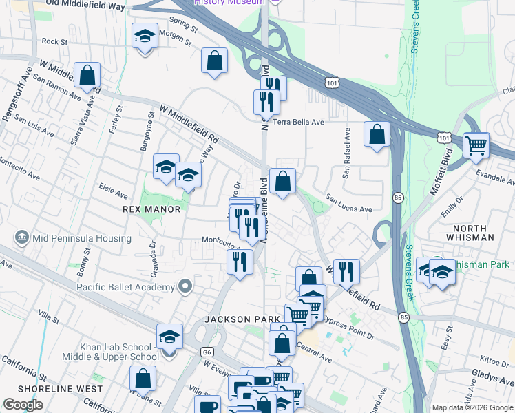 map of restaurants, bars, coffee shops, grocery stores, and more near 34 Saw Mill Court in Mountain View