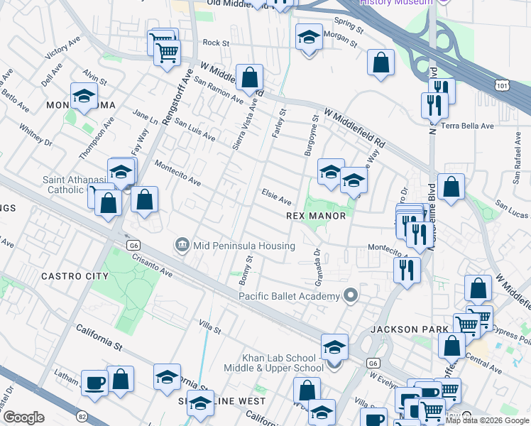 map of restaurants, bars, coffee shops, grocery stores, and more near 1861 Montecito Avenue in Mountain View