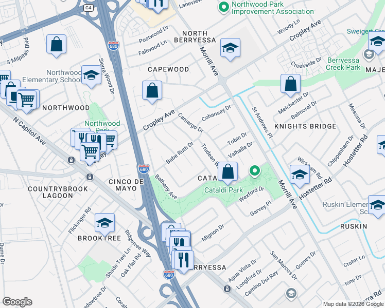 map of restaurants, bars, coffee shops, grocery stores, and more near 1808 Daltrey Way in San Jose