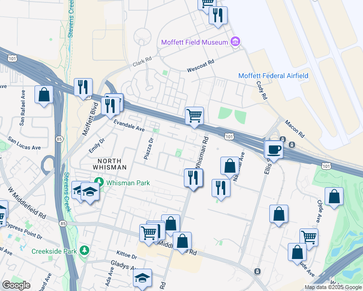 map of restaurants, bars, coffee shops, grocery stores, and more near 58A Devonshire Avenue in Mountain View