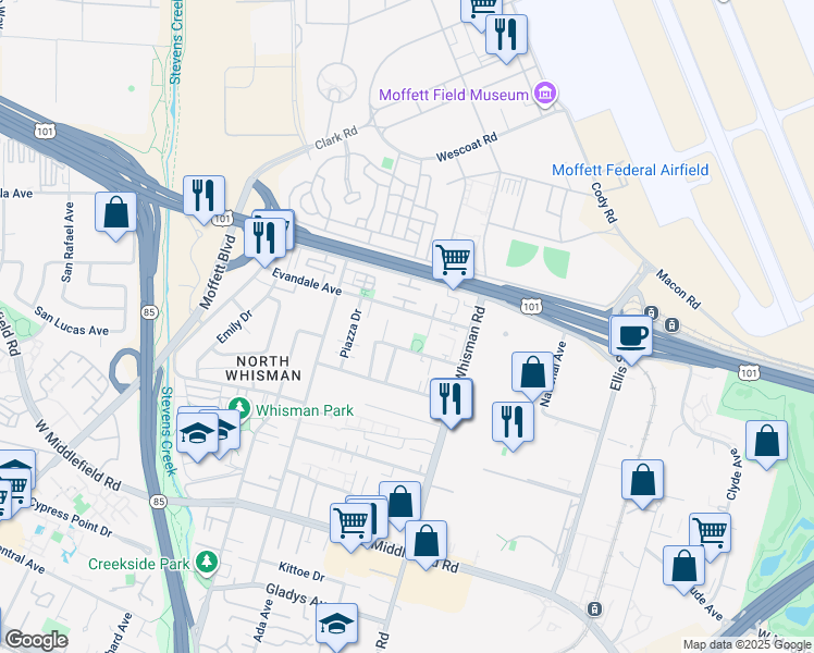 map of restaurants, bars, coffee shops, grocery stores, and more near 58A Devonshire Avenue in Mountain View
