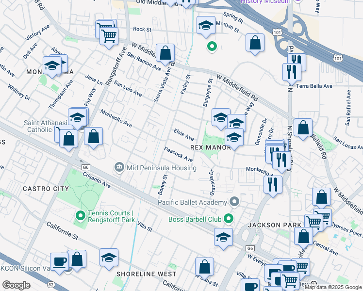 map of restaurants, bars, coffee shops, grocery stores, and more near 1848 Peacock Avenue in Mountain View