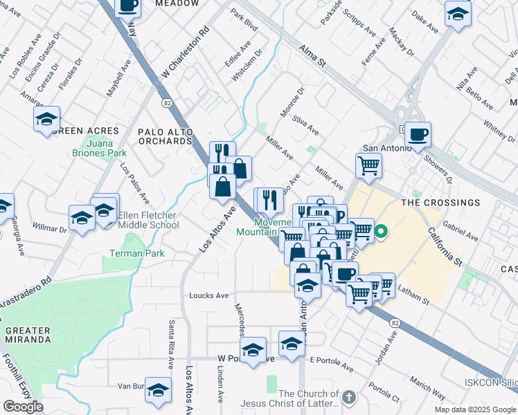 map of restaurants, bars, coffee shops, grocery stores, and more near 2690 West El Camino Real in Mountain View