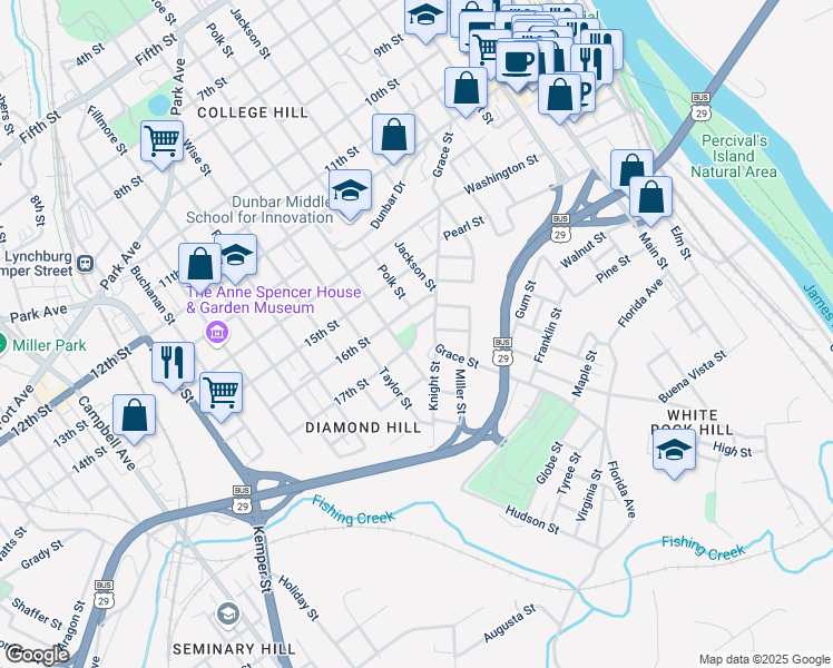 map of restaurants, bars, coffee shops, grocery stores, and more near 1010 17th Street in Lynchburg