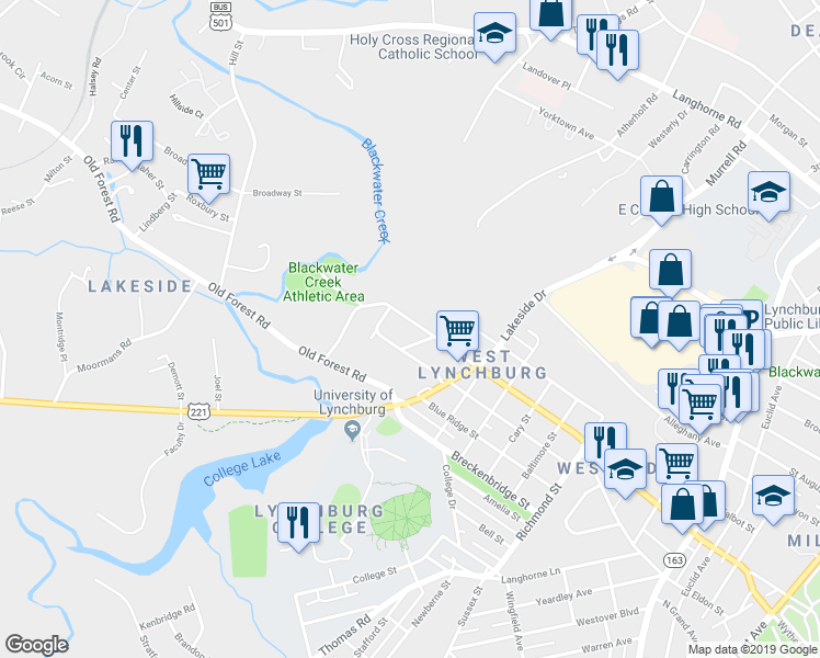 map of restaurants, bars, coffee shops, grocery stores, and more near 402 Monticello Avenue in Lynchburg