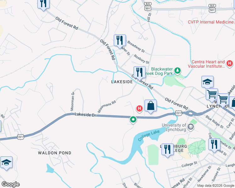 map of restaurants, bars, coffee shops, grocery stores, and more near 1708 Moormans Road in Lynchburg