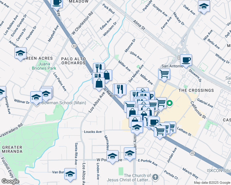 map of restaurants, bars, coffee shops, grocery stores, and more near 2700 West El Camino Real in Mountain View