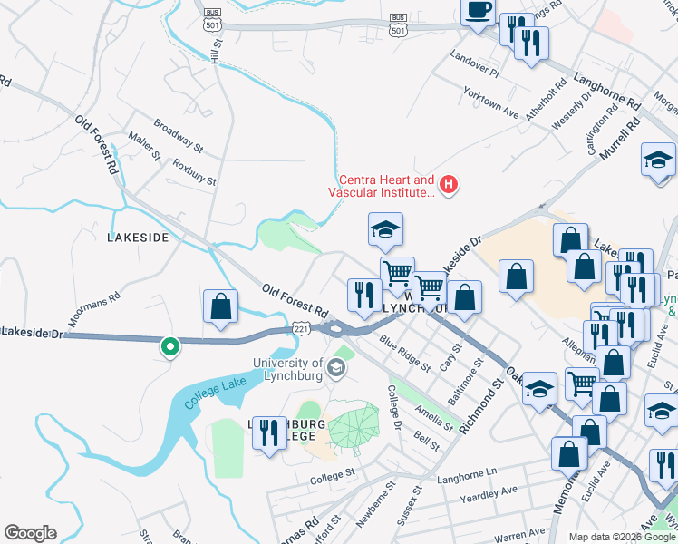map of restaurants, bars, coffee shops, grocery stores, and more near 419 Staunton Street in Lynchburg