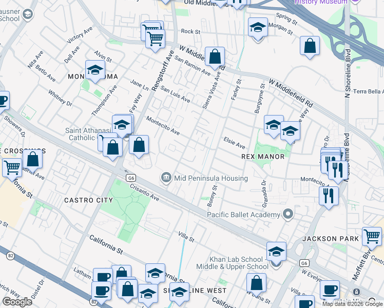 map of restaurants, bars, coffee shops, grocery stores, and more near 255 Sierra Vista Avenue in Mountain View