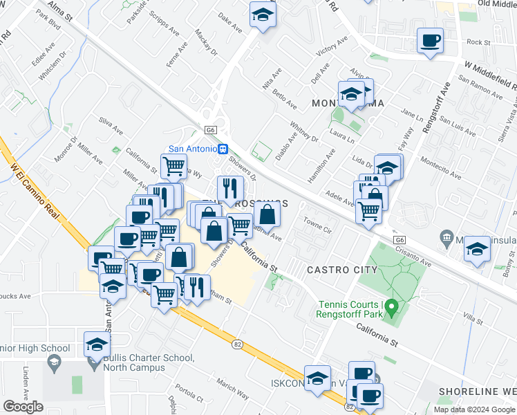 map of restaurants, bars, coffee shops, grocery stores, and more near 49 Showers Drive in Mountain View