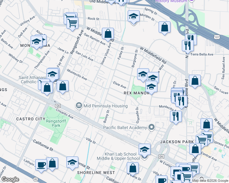 map of restaurants, bars, coffee shops, grocery stores, and more near 1861 Montecito Avenue in Mountain View
