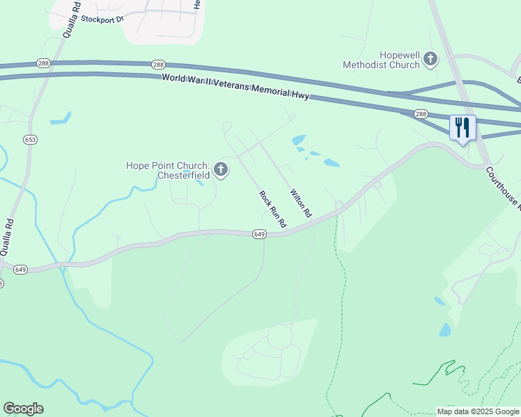 map of restaurants, bars, coffee shops, grocery stores, and more near 6600 Rock Run Road in Chesterfield
