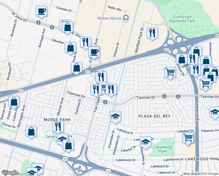 map of restaurants, bars, coffee shops, grocery stores, and more near 1220 North Fair Oaks Avenue in Sunnyvale