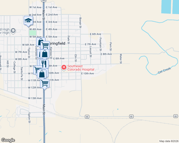 map of restaurants, bars, coffee shops, grocery stores, and more near 600-770 East 10th Avenue in Springfield