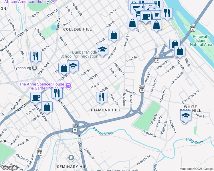 map of restaurants, bars, coffee shops, grocery stores, and more near 1114 16th Street in Lynchburg