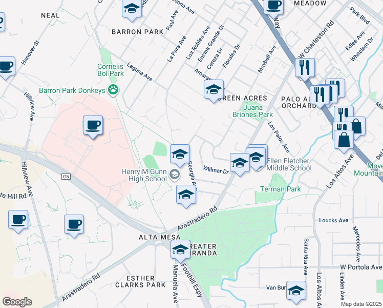 map of restaurants, bars, coffee shops, grocery stores, and more near 673 Georgia Avenue in Palo Alto