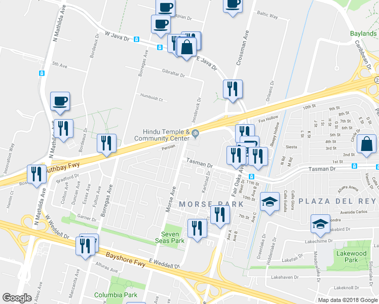map of restaurants, bars, coffee shops, grocery stores, and more near 412 Paria Terrace in Sunnyvale