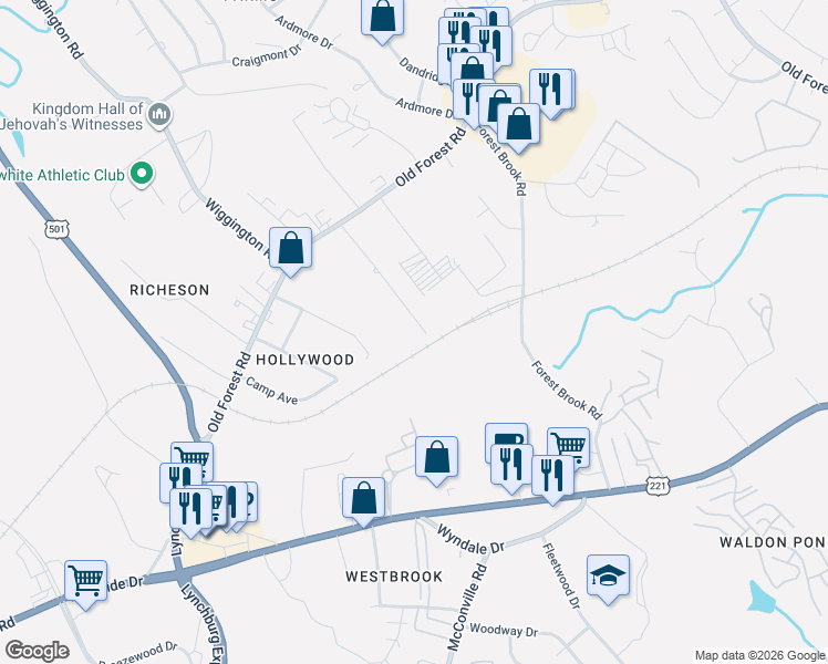 map of restaurants, bars, coffee shops, grocery stores, and more near 135 Primrose Lane in Lynchburg