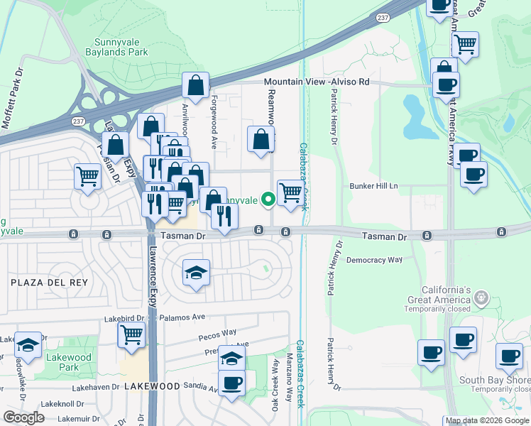 map of restaurants, bars, coffee shops, grocery stores, and more near 1257 Tasman Drive in Sunnyvale