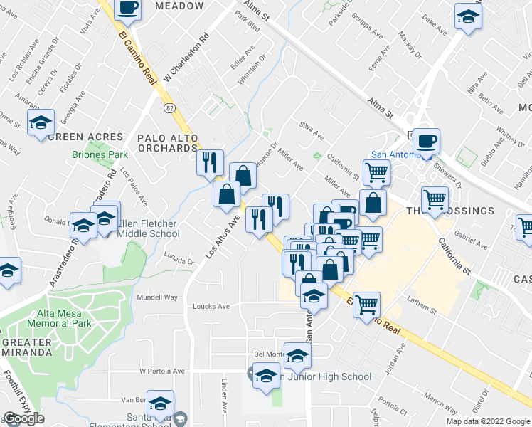 map of restaurants, bars, coffee shops, grocery stores, and more near 2690 West El Camino Real in Mountain View