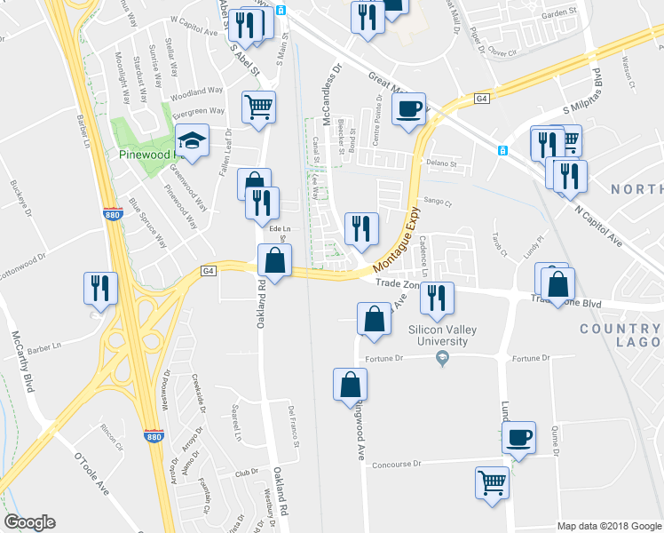 map of restaurants, bars, coffee shops, grocery stores, and more near 192 Currlin Circle in Milpitas