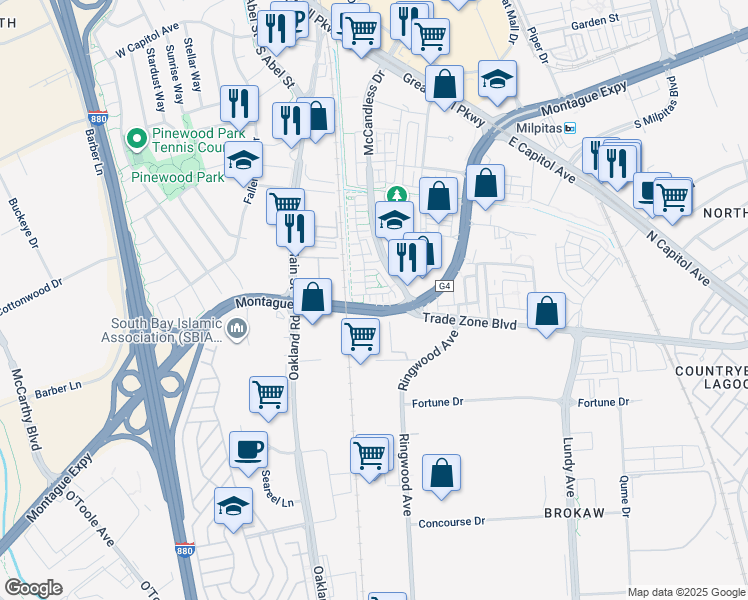 map of restaurants, bars, coffee shops, grocery stores, and more near 192 Currlin Circle in Milpitas