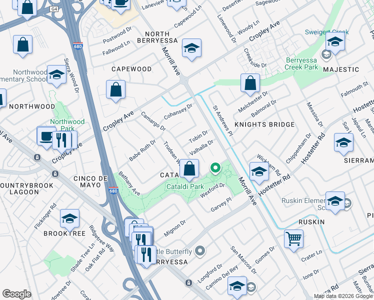 map of restaurants, bars, coffee shops, grocery stores, and more near 1787 Camargo Drive in San Jose
