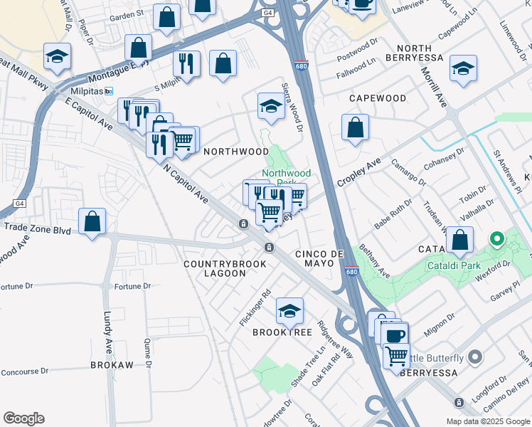 map of restaurants, bars, coffee shops, grocery stores, and more near 2669b Cropley Avenue in San Jose