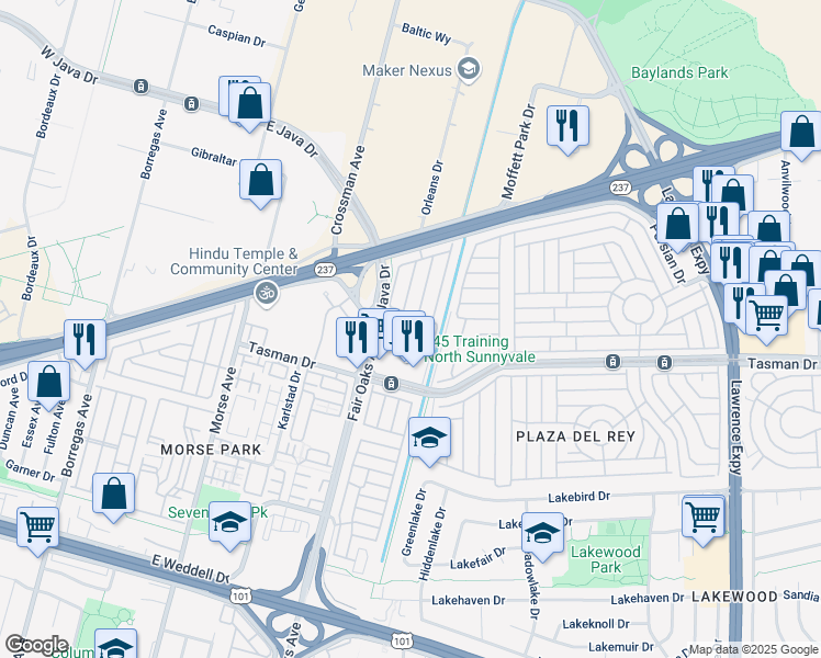 map of restaurants, bars, coffee shops, grocery stores, and more near 621 Tasman Drive in Sunnyvale