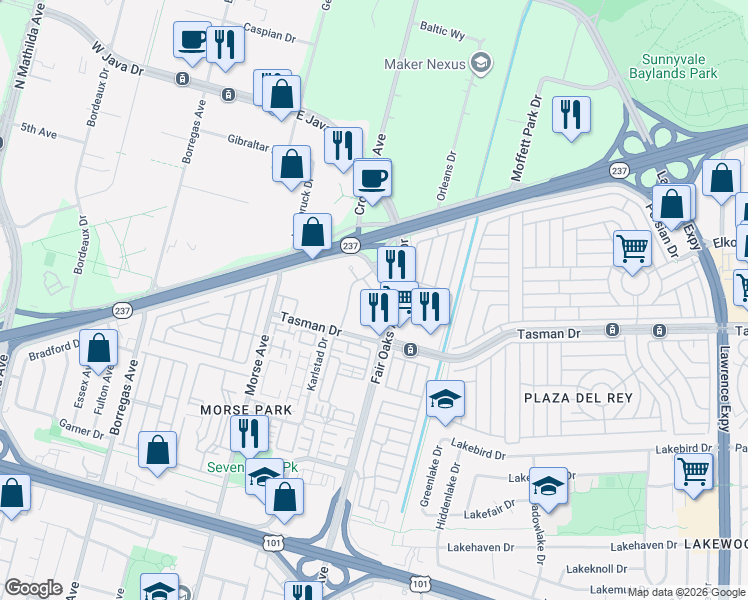 map of restaurants, bars, coffee shops, grocery stores, and more near 1156 La Rochelle Terrace in Sunnyvale